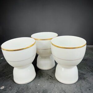 Vintage Japanese Fine Porcelain Egg Cup Holder Set 3 Fish Marks Gold Trim Edges